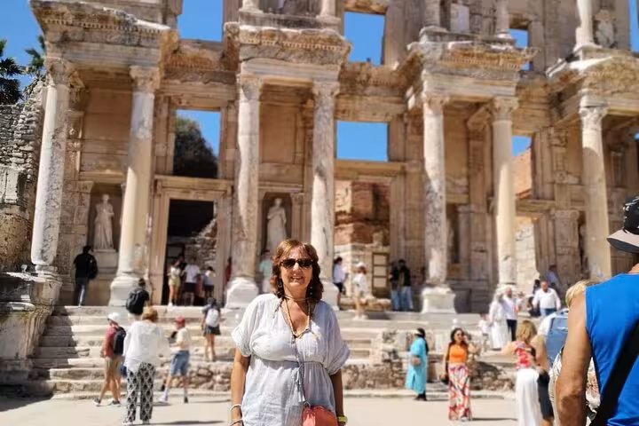 Traveler at the Library of Celsus in Ephesus on a small group tour with House of Mary and lunch