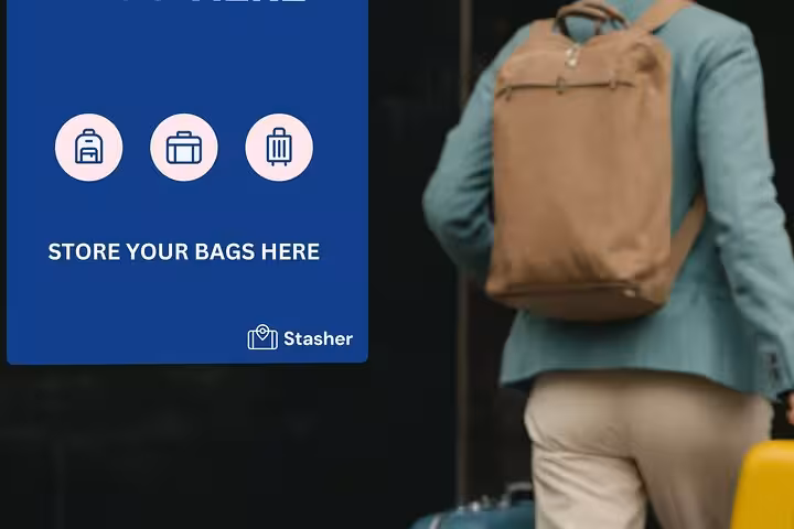 Traveler with backpack beside bag storage sign, Athens Acropolis Museum luggage drop-off service