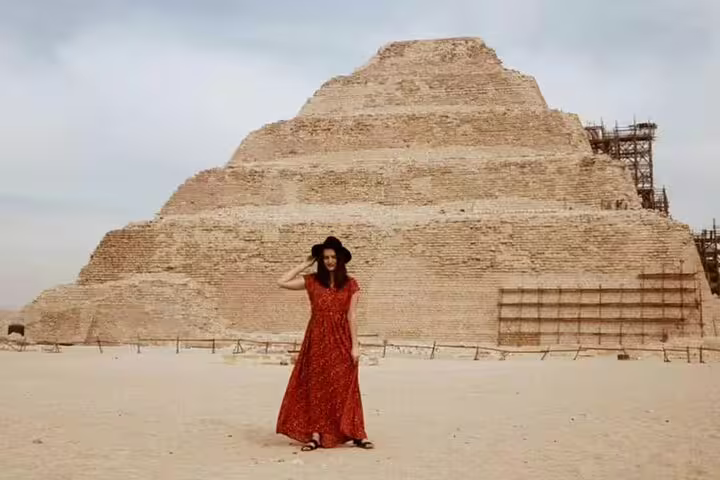Traveler at Saqqara Step Pyramid near Cairo on a 2-day Port Said shore excursion to pyramids and museum