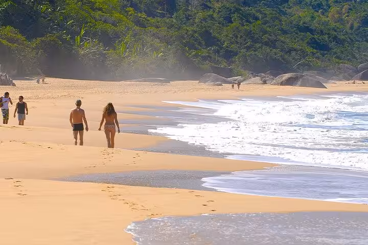 Tourists strolling along the sunlit sandy shore of Trinidad beach, surrounded by lush greenery on the Nature & Sea tour.