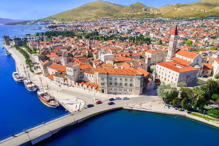 Aerial view of UNESCO Trogir old town and waterfront, popular Split cruise ship excursion to Split and Trogir