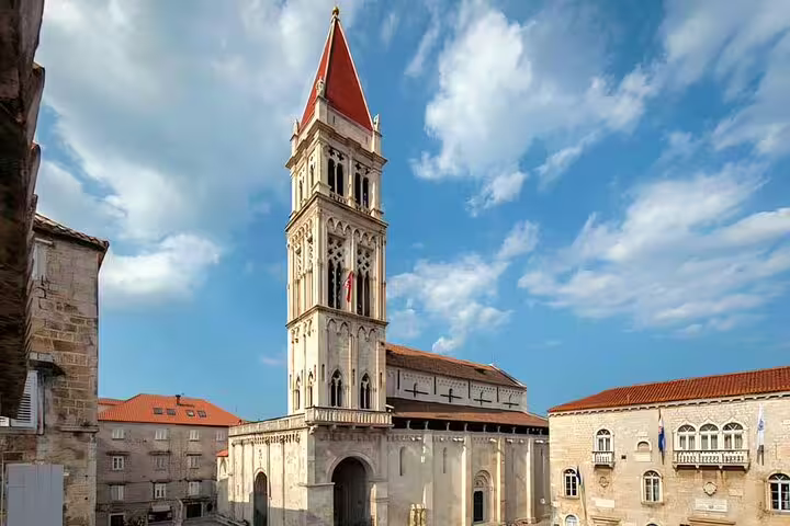 Trogir Cathedral bell tower and historic square in Croatia, highlight of a private walking tour in Old Town
