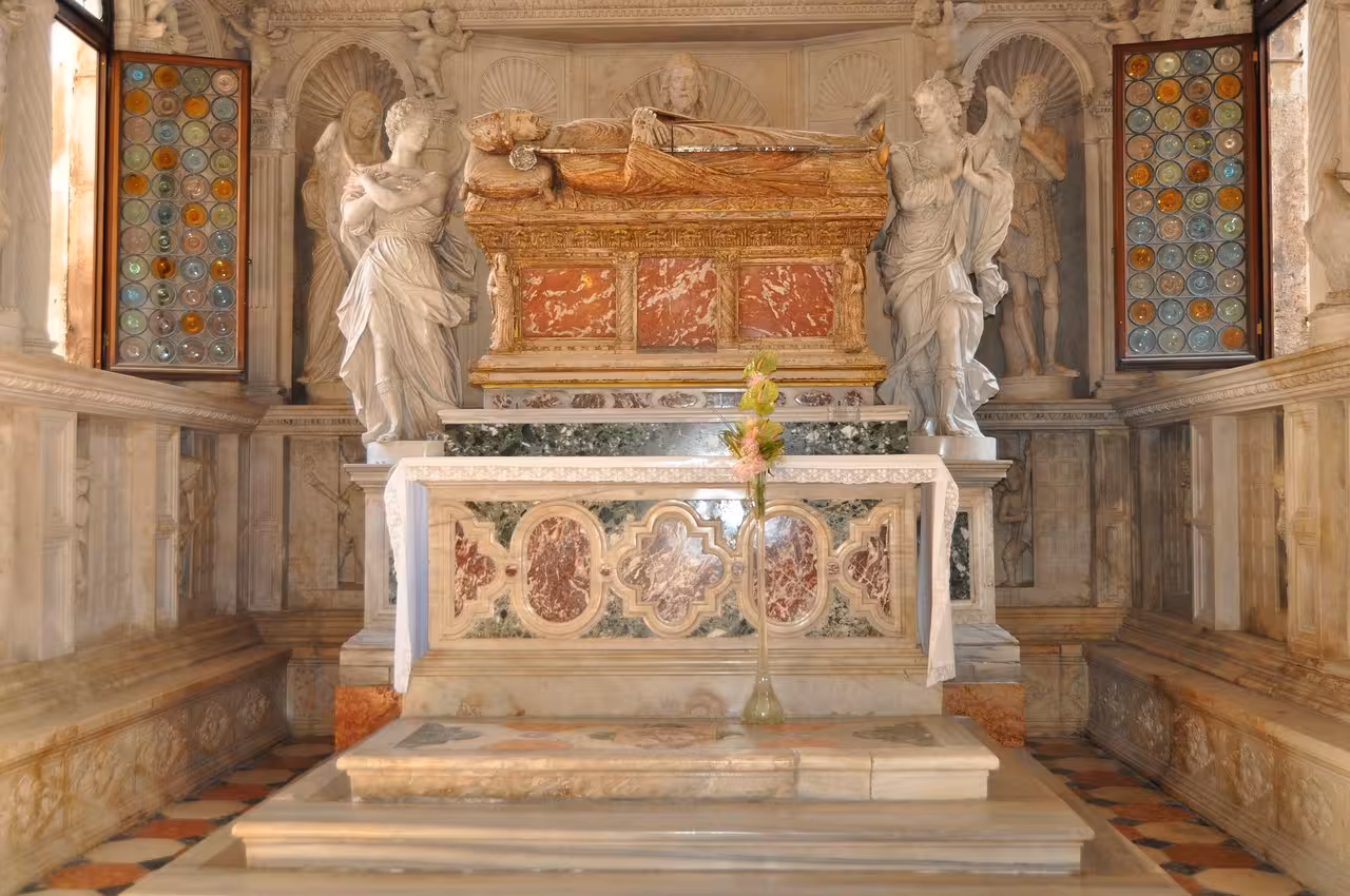 Ornate marble altar and tomb inside Trogir Cathedral, a highlight of the Trogir Old Town guided tour