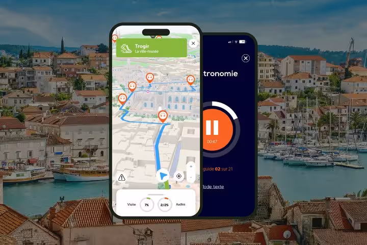 Self-guided walking tour app showing Trogir map with audio commentary on smartphone screens