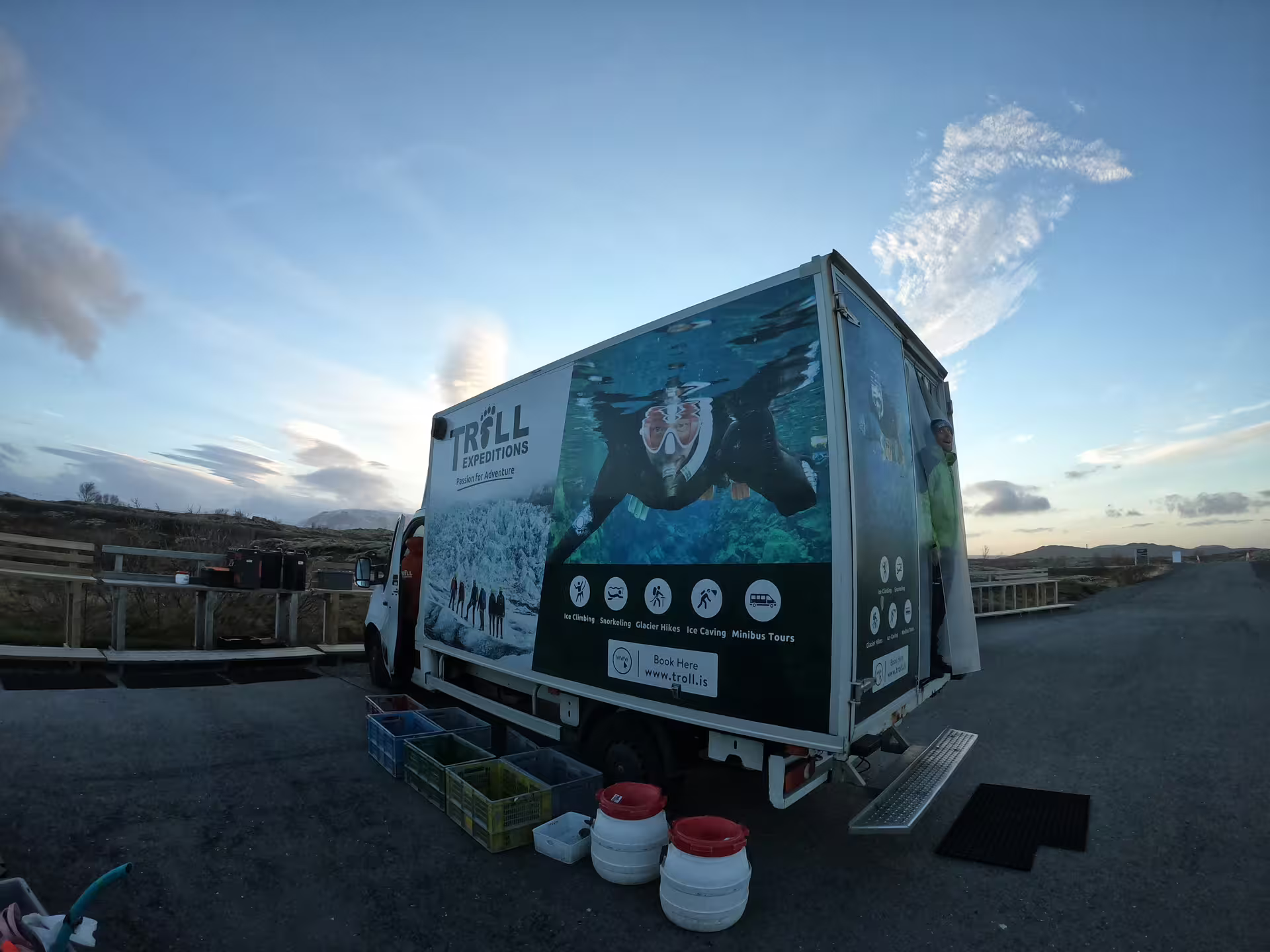 Troll Expeditions snorkeling tour van parked at Silfra, Thingvellir National Park, Iceland
