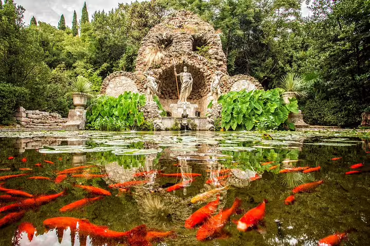 Trsteno Arboretum fish pond and grotto fountain, iconic Game of Thrones group tour filming location near Dubrovnik