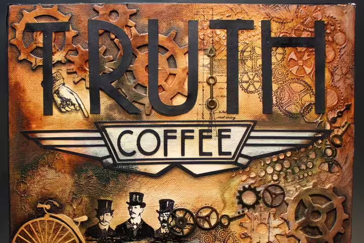 Truth Coffee sign with steampunk design elements, known for its artisanal brews in Cape Town's vibrant scene.