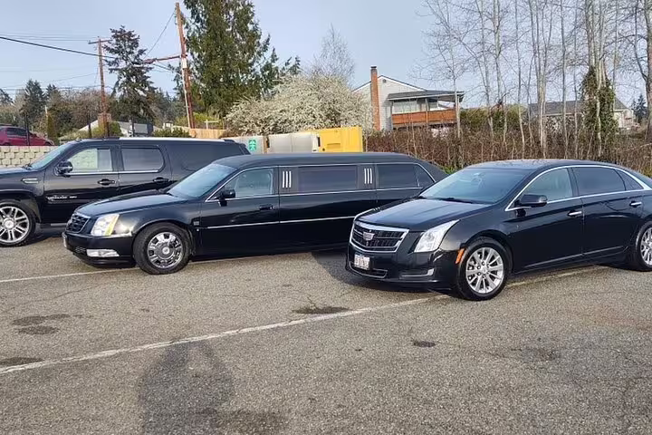 Black Cadillac stretch limousine and sedan parked in lot for Tucson airport private transfer