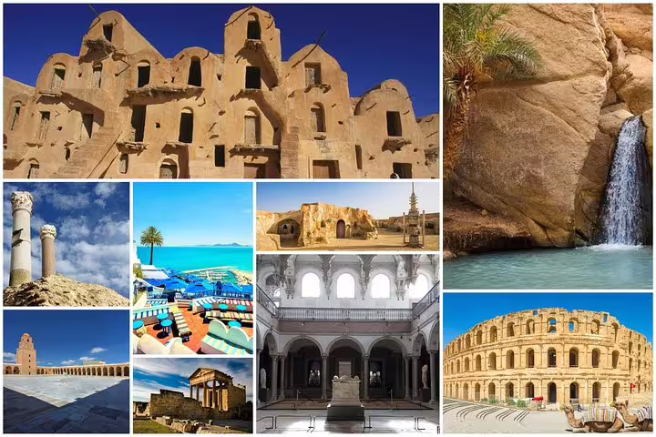 Collage of iconic Tunisian landmarks including the Roman amphitheater, Sidi Bou Said, and historic desert architecture.