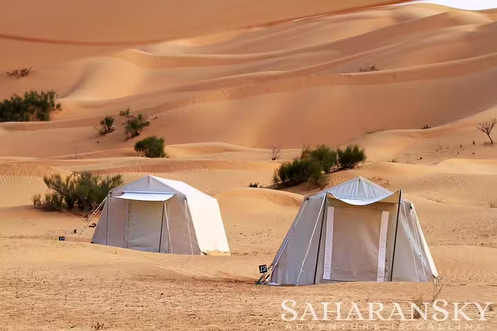 Two white tents set against rolling Sahara dunes, offering a serene camping experience for a Tunisia buggy safari adventure.