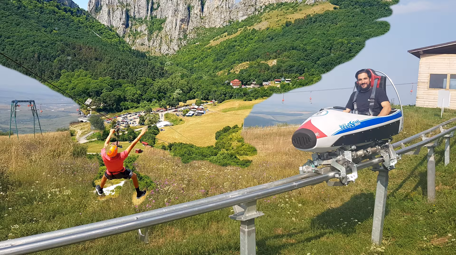 Man on alpine coaster and person zip lining over Turda Gorge valley with rocky cliffs and green mountains