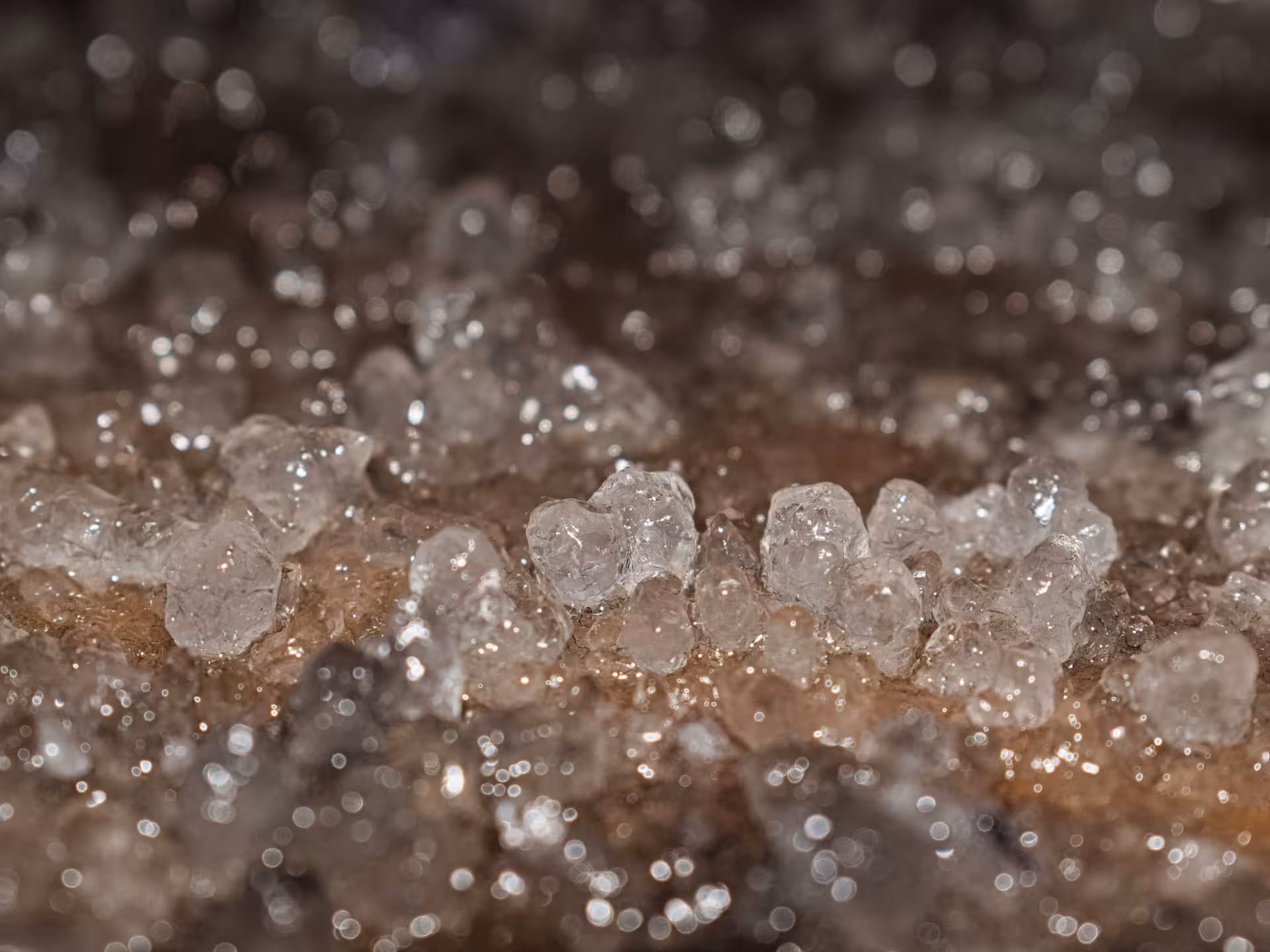 Close-up of sparkling salt crystals lining the walls of Turda Salt Mine