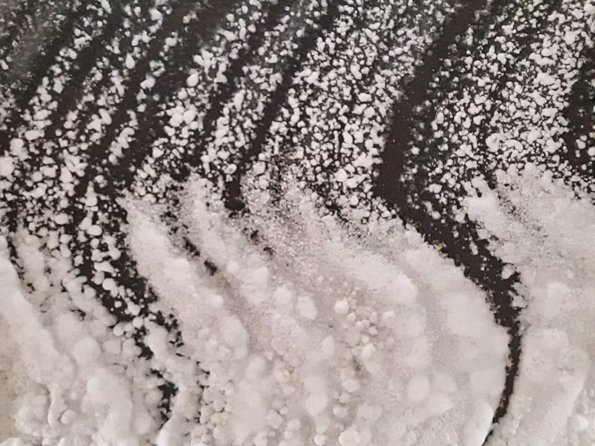 Close-up of raw white salt crystals on dark rock surface inside historic Turda Salt Mine Romania