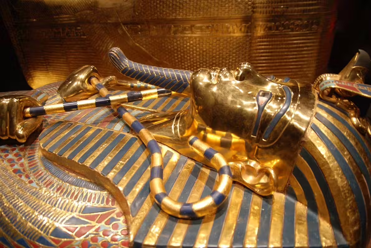 Golden pharaoh sarcophagus close-up at Turin Egyptian Museum, seen on private guided tour with skip-the-line tickets