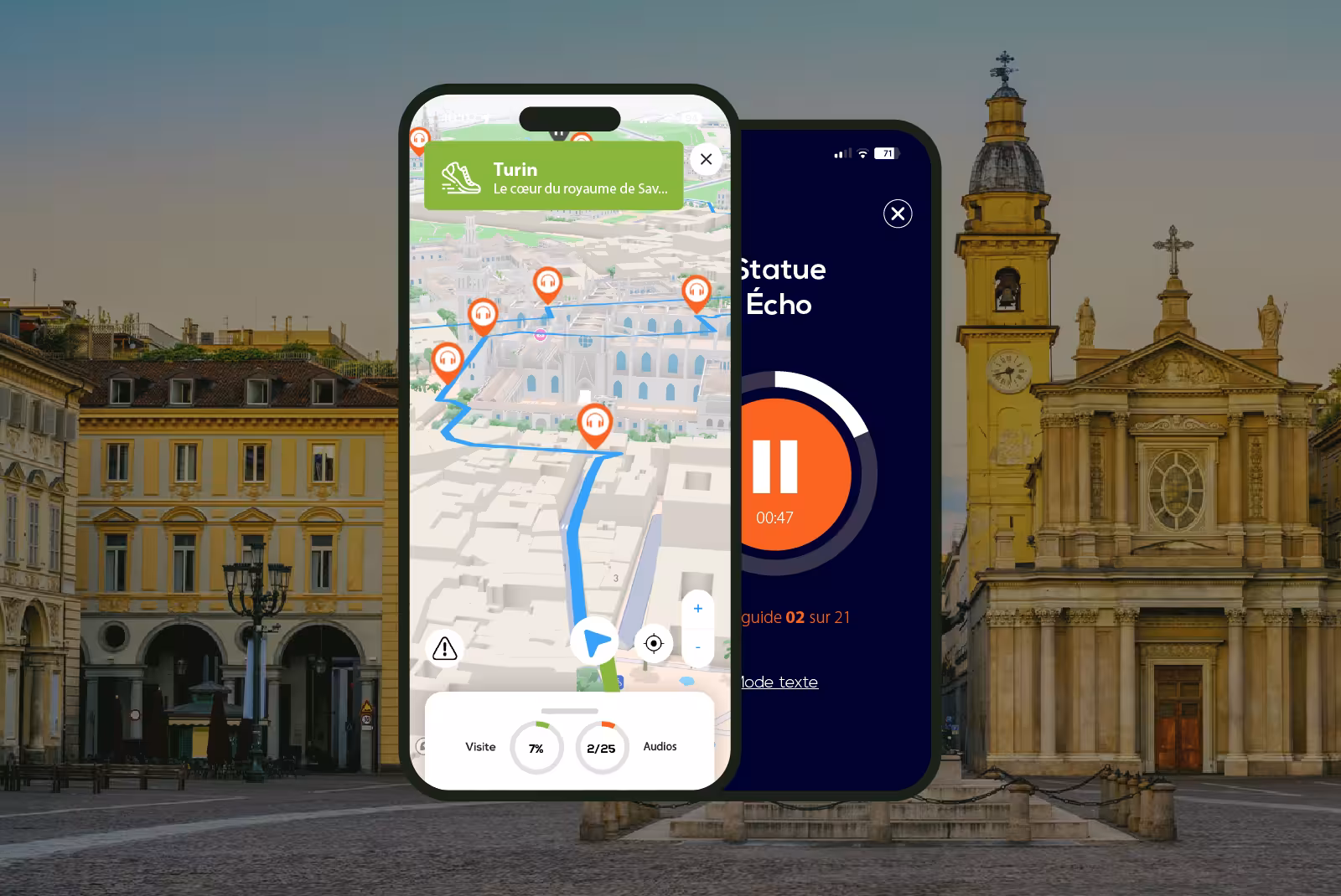 Interface application mobile audioguide Turin sur smartphone.