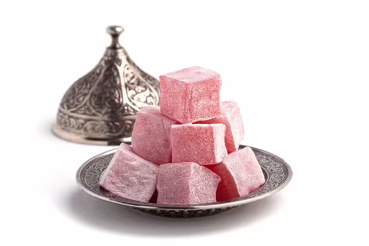 Turkish delight lokum on ornate plate, a sweet treat to sample on a 10-day private guided Turkey tour