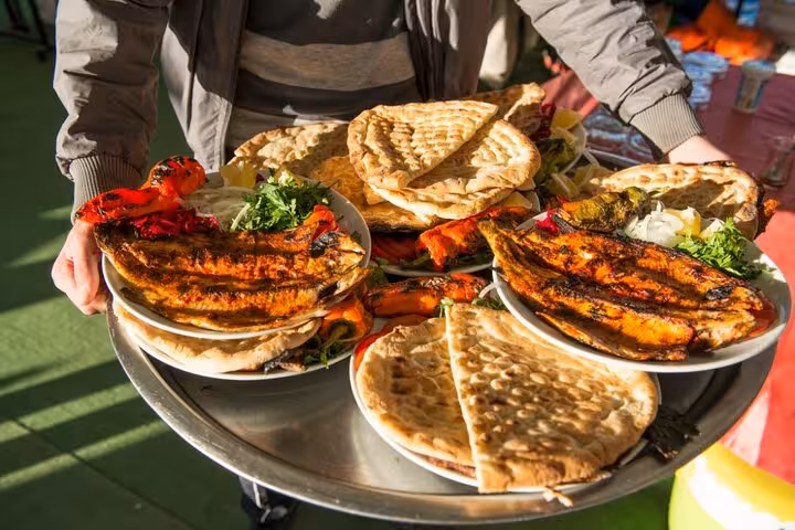 Traditional Turkish grilled fish with flatbread and salad, local lunch on Mesopotamia and Cappadocia tour