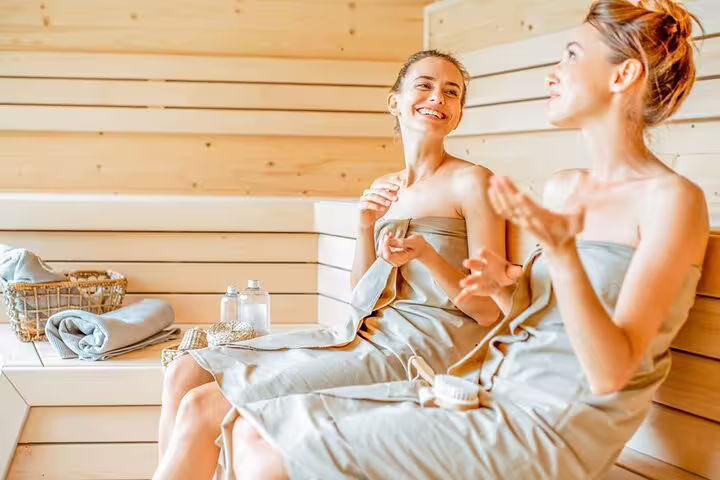 Guests relaxing in sauna at Turkish hammam spa in Hurghada, VIP full body massage treatment included