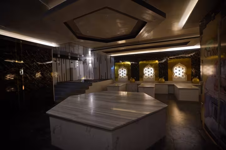 Marble hammam room in Sharm El Sheikh for Turkish bath spa program with heated stone and steam therapy