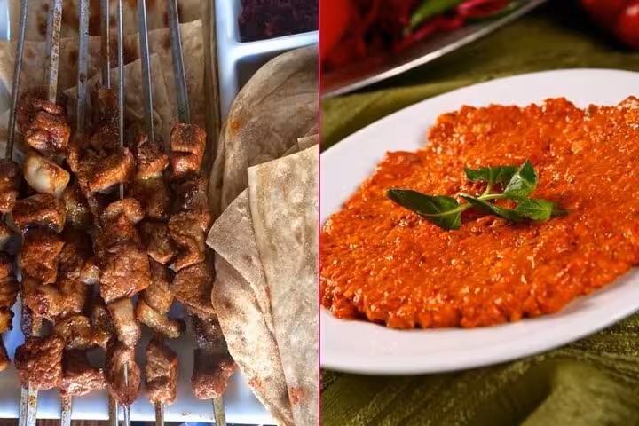 Turkish gastronomy tour tasting of lamb shish kebab skewers with lavash and spicy ezme meze platter