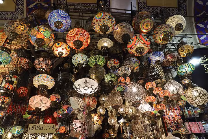 Colorful Turkish mosaic lamps in Istanbul Grand Bazaar on a half-day Old City morning tour