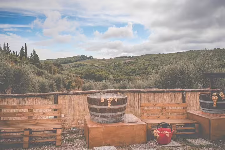Outdoor grape stomping station with barrels, benches and vineyard views for a scenic countryside wine tasting experience