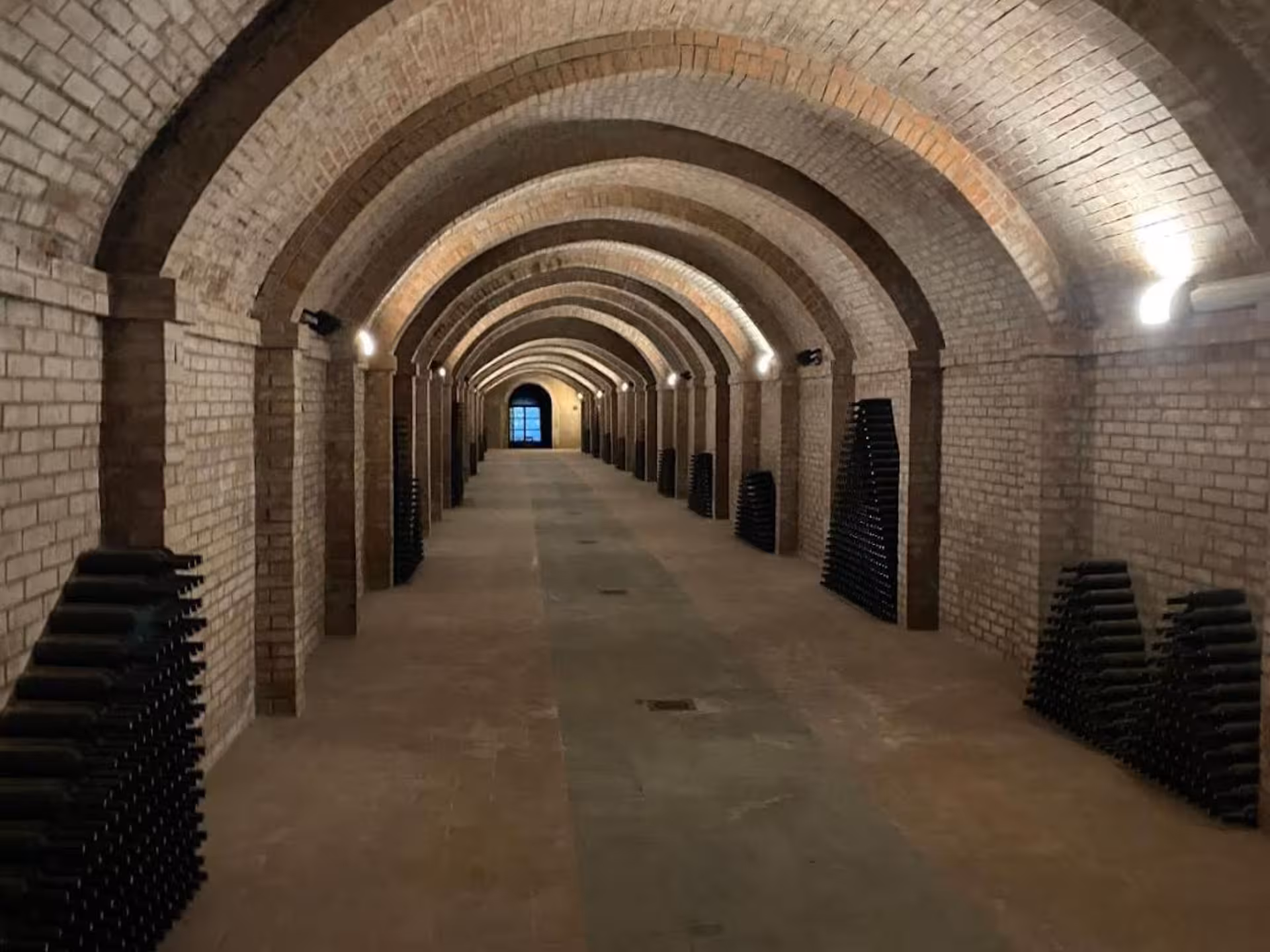 Historic wine cellar with rows of stacked bottles and arched brick ceilings, ideal for a Tuscan wine tasting tour.