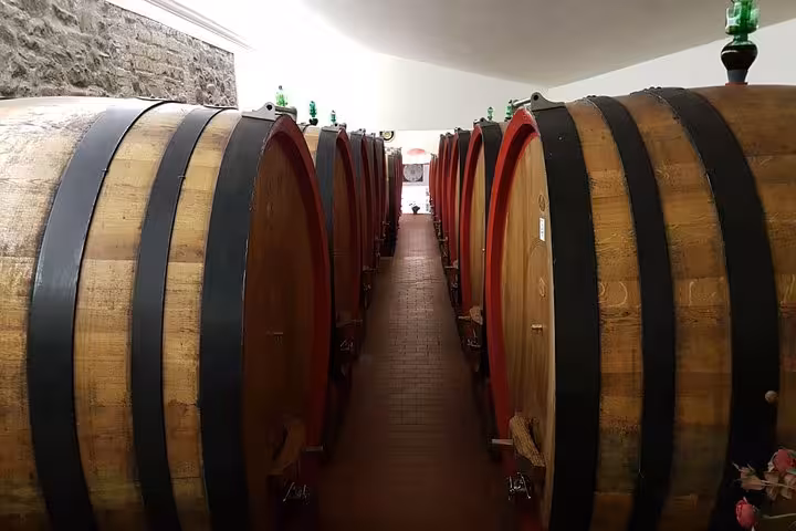 Wine cellar with oak barrels for Tuscany wine tasting on a 10-day private Italy tour Rome to Venice