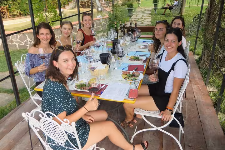 Group enjoying a wine tasting and lunch in Tuscany's countryside on a day trip from Rome to Siena.