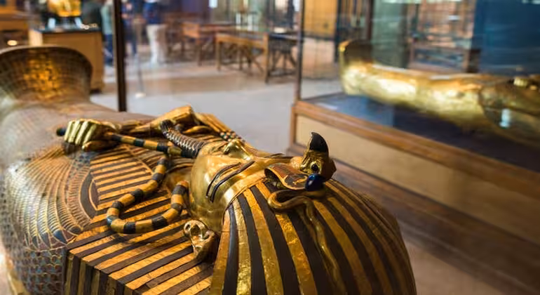 Close-up of Tutankhamun gold coffin at the Egyptian Museum Cairo on a private guided museum tour