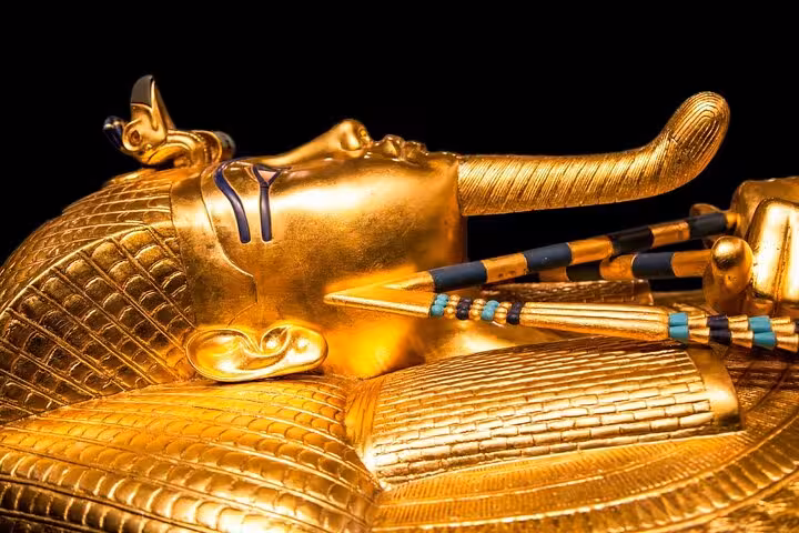 Tutankhamun golden mask close-up, highlight of Luxor museum visit on 2-day private tour from Hurghada