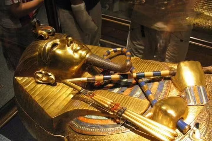 Golden Tutankhamun sarcophagus at the Egyptian Museum, must-see stop on a 2-day private Cairo tour for two