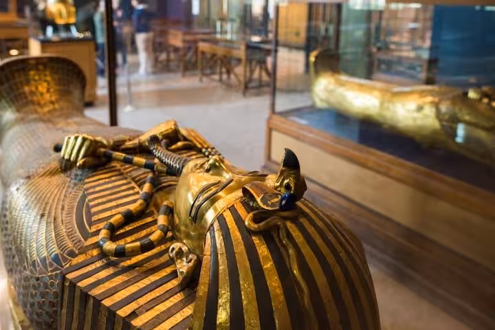 Tutankhamun gilded sarcophagus display inside the Egyptian Museum of Antiquities, Cairo, QR skip-the-line ticket
