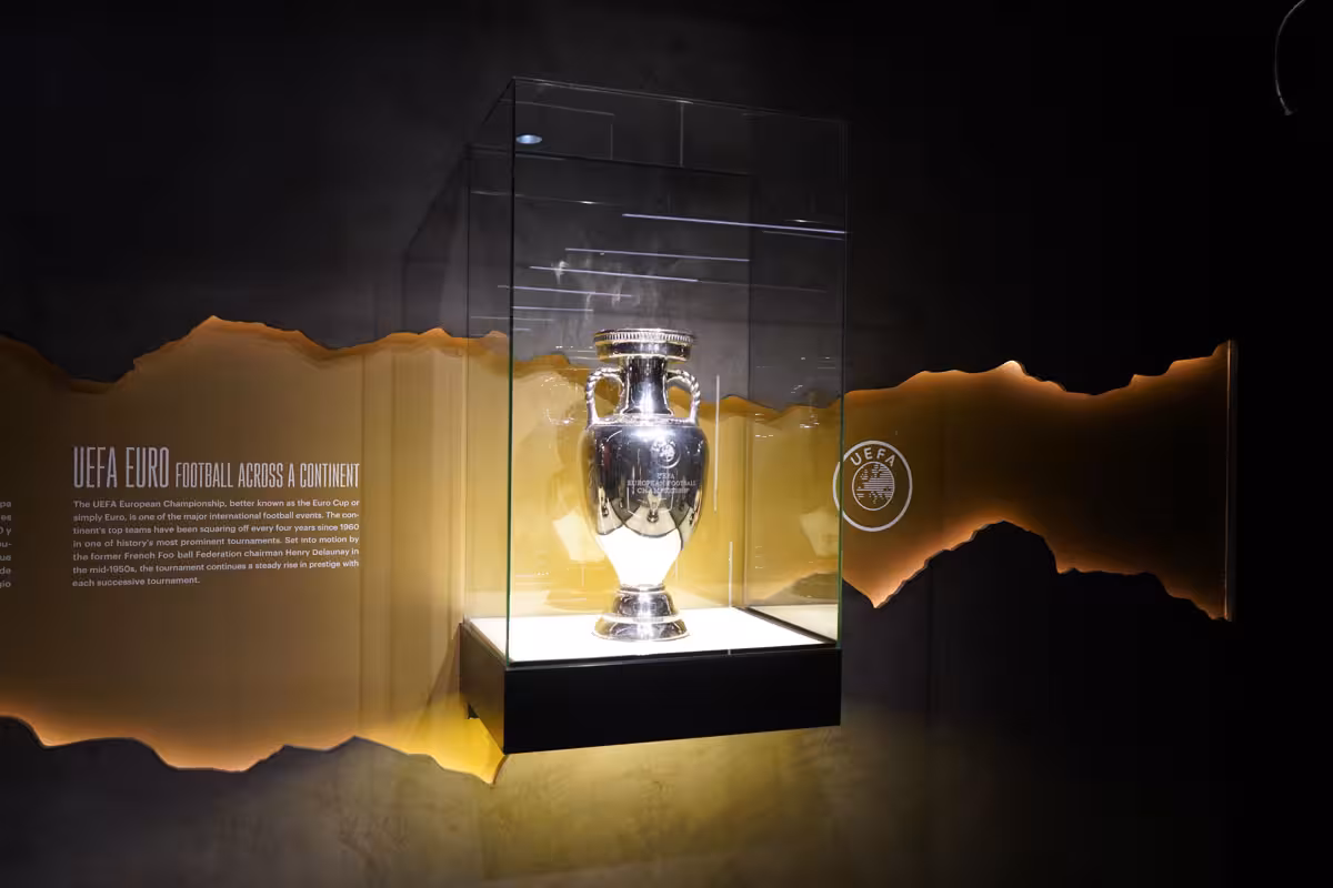 UEFA Euro trophy exhibit in Madrid at Legends The Home of Football, part of Leyendas Locales tour