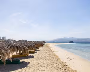 Utopia Island beach with thatched palm umbrellas, sunbeds on white sand, calm turquoise sea, Hurghada Egypt