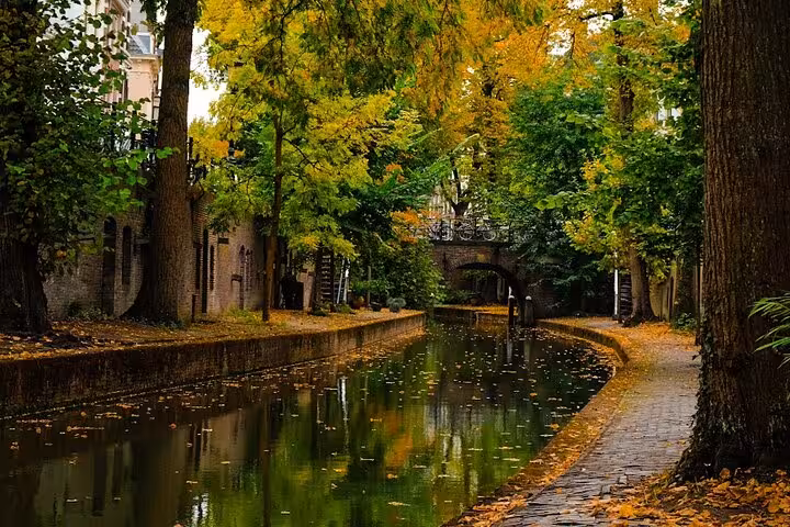 Autumn stroll along Utrecht Oudegracht canal under trees, peaceful photo stop on group city tour with lunch option