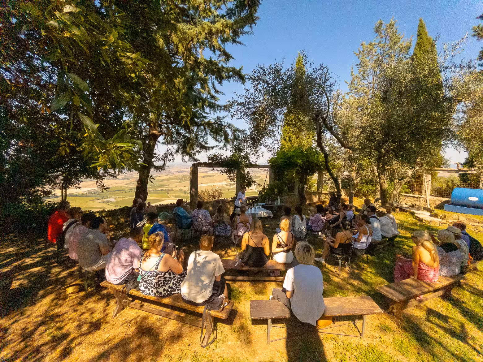 Visitors relaxing under trees with a panoramic view of the Tuscan countryside during the Val d'Orcia tour.