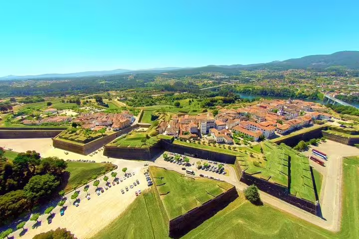 Aerial view of Valença do Minho's historic fortress and town, showcasing scenic landscapes on the Porto tour.