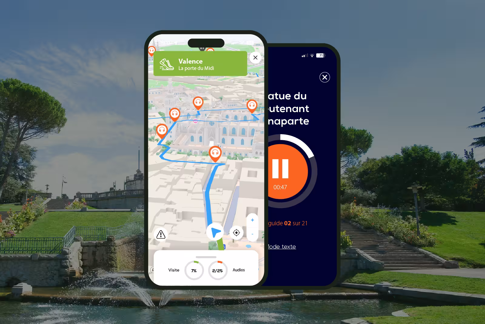 Valence audioguide mobile application interface on smartphone with Jouvet Park in the background.