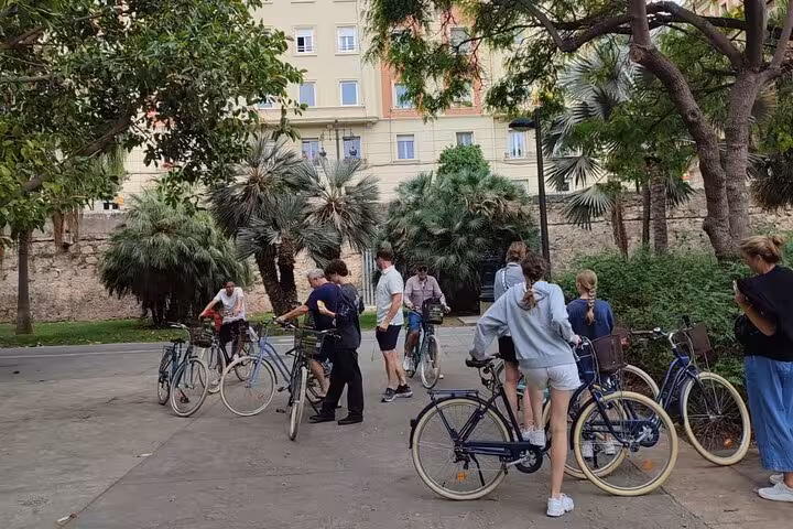 Cyclists with rental bikes in a leafy Valencia park near Ruzafa, guided city highlights bike tour