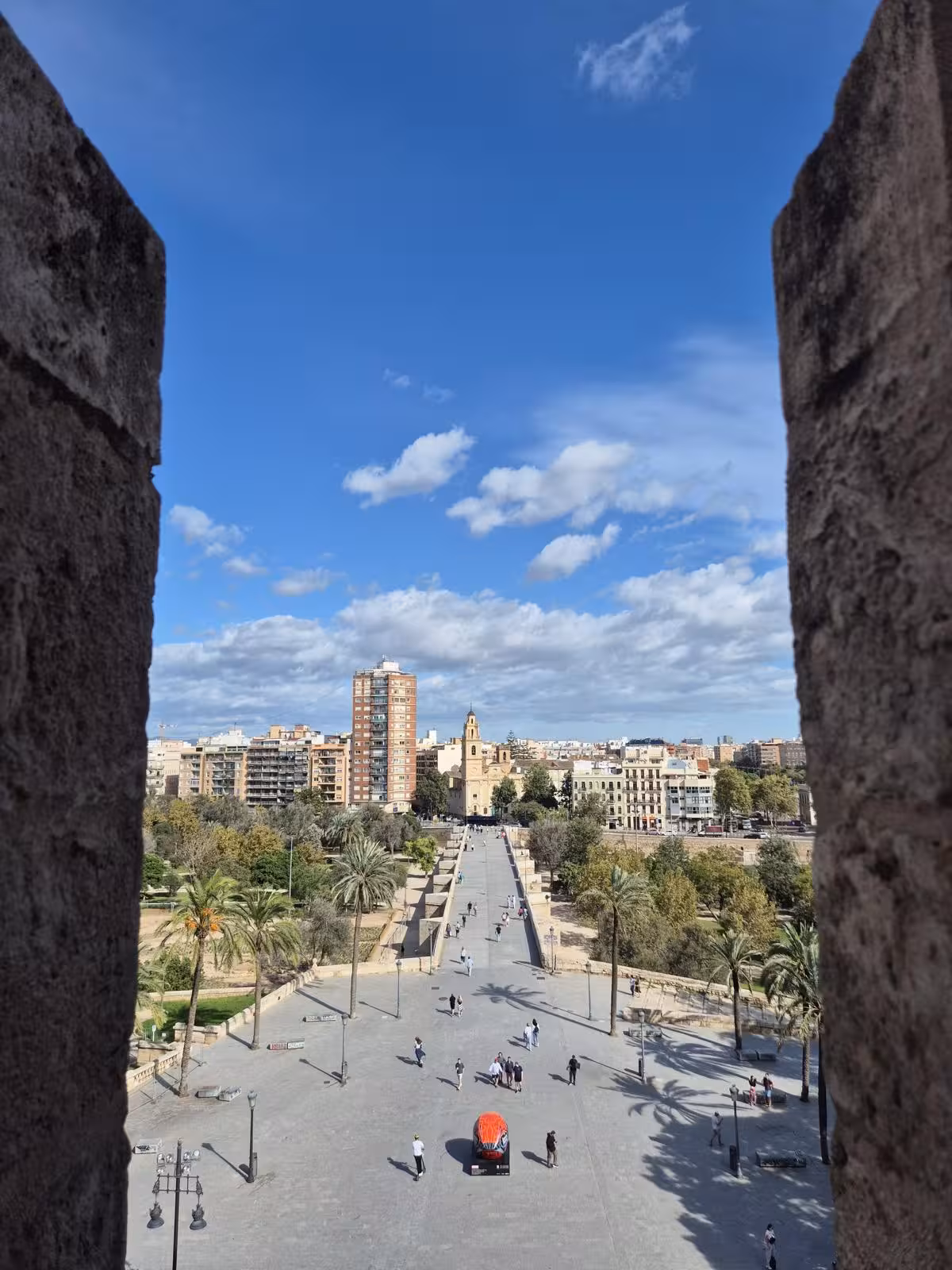 View over Turia Gardens from Valencia city walls, a clue spot on the audio guided City Quest scavenger hunt