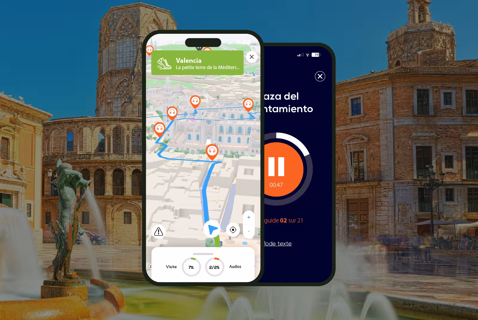 Interface application mobile audioguide Valence sur smartphone avec carte de la ville en fond.