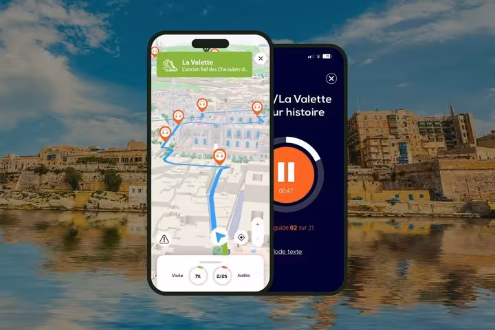 Smartphone app showing Valletta self-guided audio walking tour map with 19 stops and audio player
