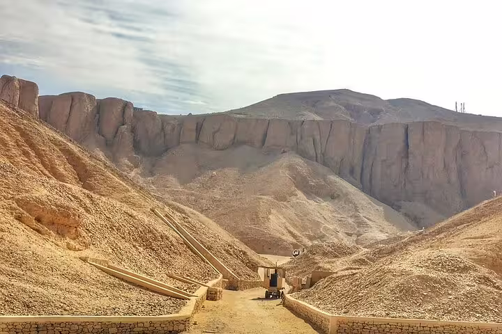 Valley of the Kings desert entrance, Luxor historical day tour by bus from Hurghada with guide