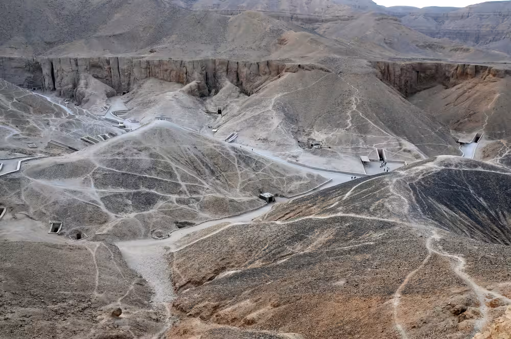 Valley of the Kings desert trails near Luxor on 8-day budget Nile cruise tour with entrances and tipping included
