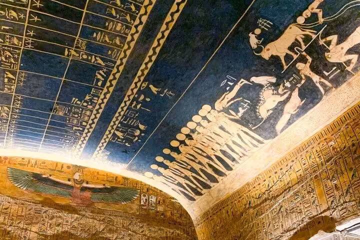Painted tomb ceiling with hieroglyphs in Valley of the Kings, Luxor small group tour from Hurghada