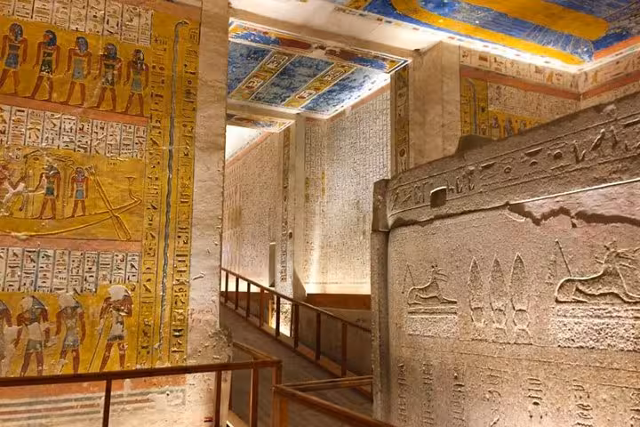 Valley of the Kings tomb interior with vivid hieroglyphs on a private Luxor day tour from Hurghada