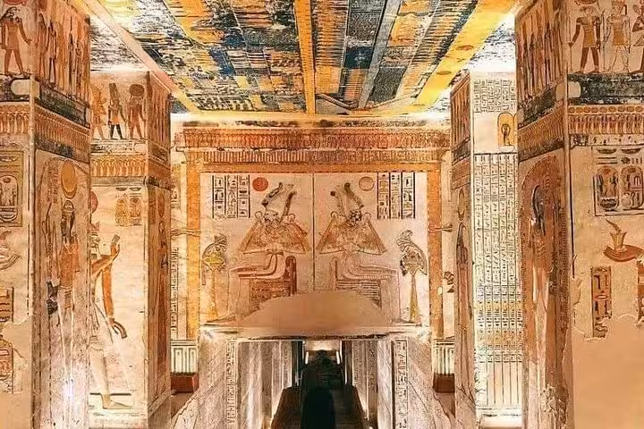 Colorful tomb chamber paintings in Valley of the Kings, Luxor, on private day trip from Hurghada