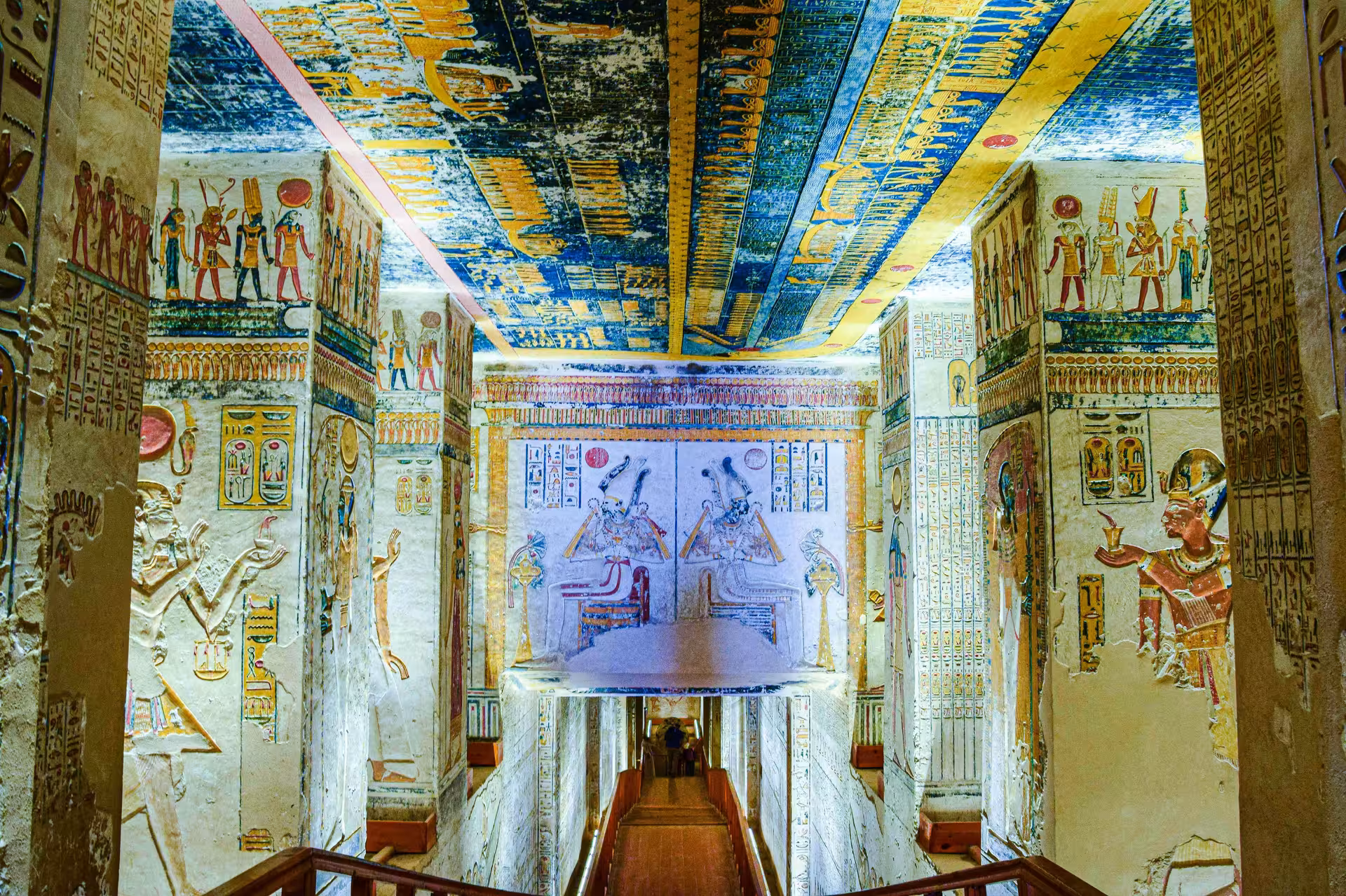 Colorful painted walls and ceiling inside King Tutankhamun's tomb in the Valley of the Kings, Egypt