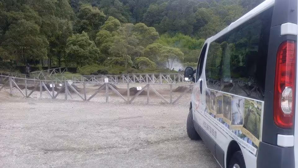 Tour van at Furnas Lake viewpoint, São Miguel Azores, on full-day Laketour van excursion